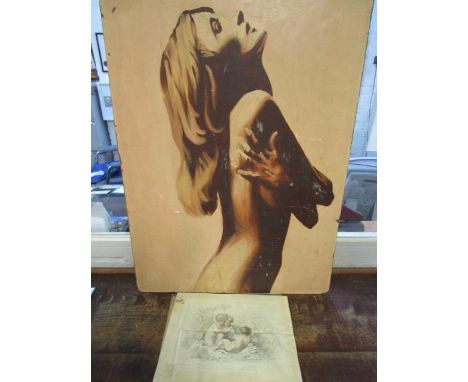 * Say - a half length nude portrait, oil on board signed lower right and a 19th century engraving of putti fishing 