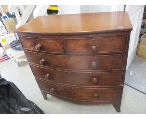 A Victorian mahogany bow front, two part chest of five drawers, raised on bracket feet, 42" h, 40" w A/F 