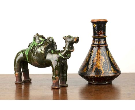 Cannakale pottery model of a camelTurkish20cm long x 15cm high and a Turkish glazed pottery hookah lamp base, 18cm high (2)Th
