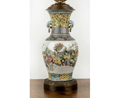 Polychrome vase/table lampChinese, 19th Centurypainted in enamels with courtiers and attendants in a terrace garden. The balu