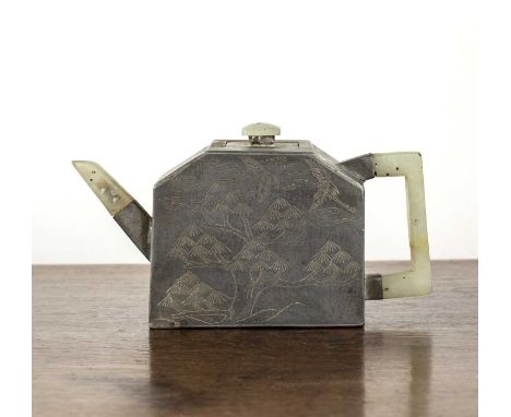 Yixing and paktong teapotChinese, 19th Centuryhaving a jade handle, finial and spout, engraved with lotus, phoenix and pine t
