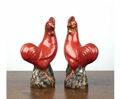 Pair of model cockerelsChinese, 19th/20th Centurythe red ground birds on rocky type bases, 22cm highThe collection of Paul Wh