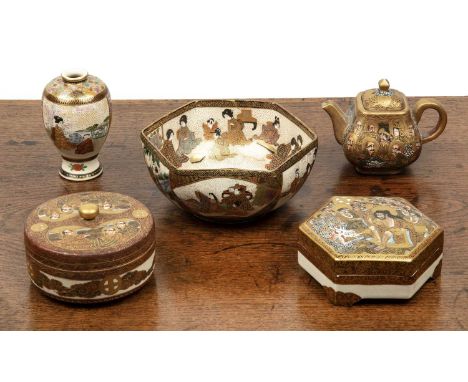 Group of Satsuma wareJapanese, Meiji periodcomprising an hexagonal box and cover painted with Lohans, 9.5cm wide, a miniature