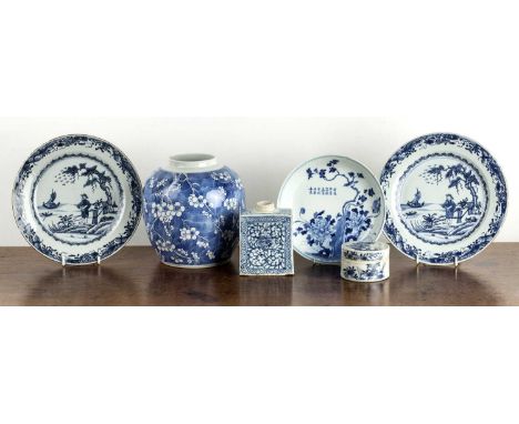 Group of blue and white porcelainChinese, 19th Centuryincluding a shallow dish, with inscription and Kangxi mark, 19cm diamet