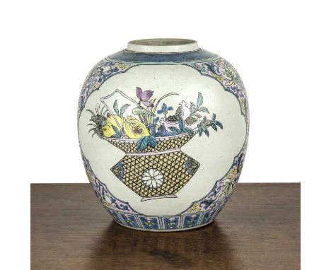 Biscuit porcelain jarChinese, 19th Centurypainted in famille rose colours with a basket of flowers, painted monochrome Kangxi