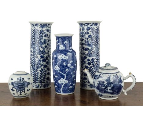 Group of blue and white piecesChinese, 19th Centuryto include a pair of cylindrical vases painted with dragons, with Kangxi m