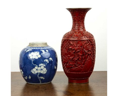 Blue and white porcelain ginger jarChinese, 19th Centurywith prunus decoration and Kangxi mark, 14cm high, and a cinnabar lac