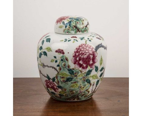 Famille rose ginger jar and coverChinese, 18th/19th Centurypainted with flowering peonies and leaves, Kangxi underglaze blue 