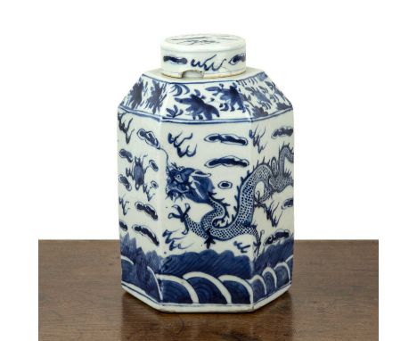Blue and white porcelain hexagonal jar and coverChinese, 19th Centurypainted with a dragon and flaming pearls, Kangxi mark to