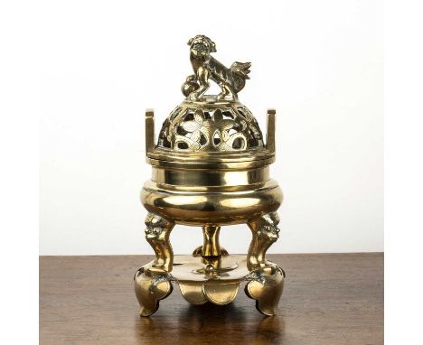 Bronze censer on standChinese, 19th Centurywith temple dog finial, mask head supports, and a lotus leaf stand, with Xuande Zh