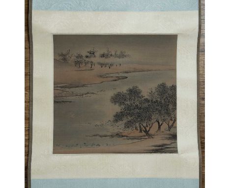 After Hui Cheng Chinese, 19th/20th Century'Mist over a Tree-lined Sand Bank', hanging scroll, on paper, 23cm x 24cm In good c