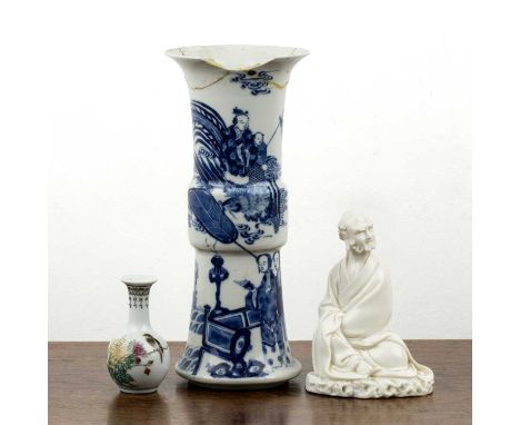 Group of three piecesChineseincluding a Gu-shaped blue and white vase painted with figures, having a Kangxi mark, 25.5cm high