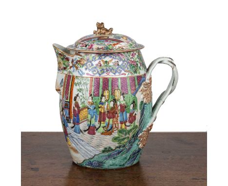 Large Canton famille rose jug and coverChinese, mid-19th Centurypainted with a court scene of officials and attendants on a t