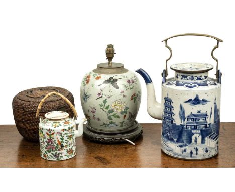 Group of piecesChineseincluding a Canton teapot in a wicker case, a 19th Century enamelled ginger jar converted to a lamp, 21