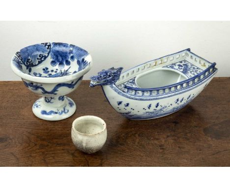 Hirado blue and white model boatJapanese29cm long, a blue and white pedestal bowl, 15.5cm x 11.5cm and a studio teabowlThe bo