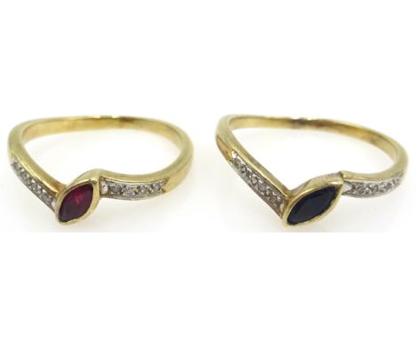 Pair of 14ct gold rings, sapphire and diamond and ruby and diamond both stamped 585 ( worn together) Condition Report Approx 
