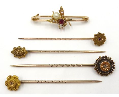 Gold pearl and stone set insect brooch (tested 9ct) and four gold stick pins stamped 15ct Condition Report Click here for fur