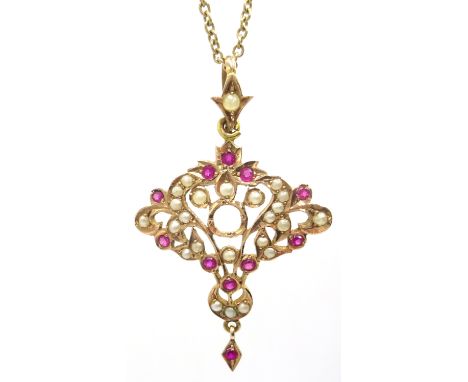 Ruby and seed pearl pendant necklace stamped 9ct approx 10gm, pendant 5.7cm Condition Report Click here for further images, c