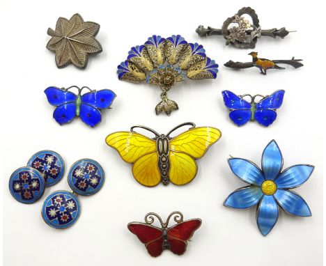 Silver and enamel brooches by Anresen & Scheinpflug Oslo, Kristian M Hestenes Bergen and other makers, silver booches and pai