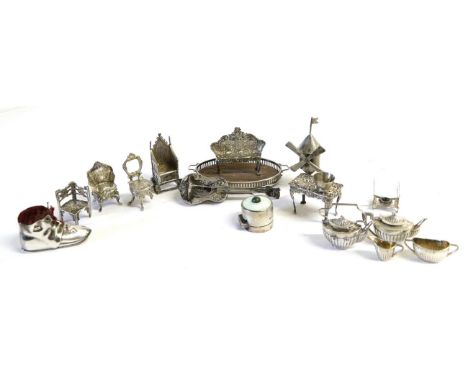 ^ A Group of Silver Doll's House Furniture and Other Items, including a miniature tea service and tray, Birmingham 1905; a th