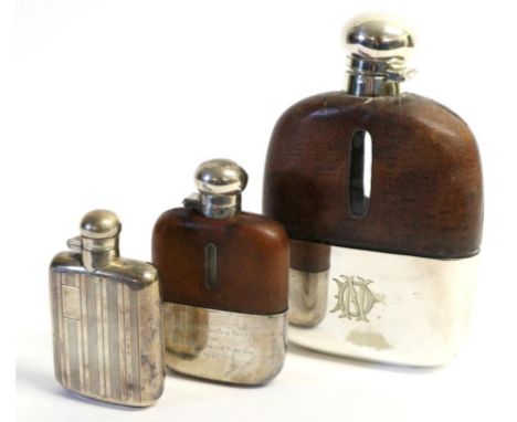 ^ A Late Victorian Oversized Leather Clad and Silver-Plate Mounted Hip Flask, mark of James Dixon & Sons, inscribed to the un