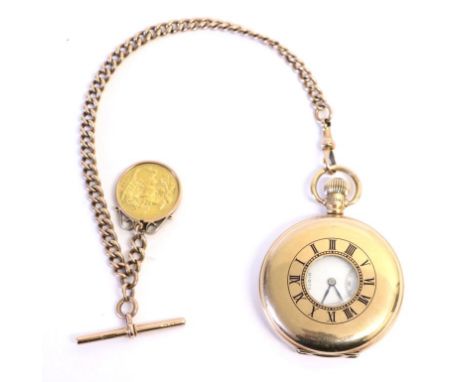 A 9ct Gold Half Hunter Pocket Watch, Watch Chain and A Full Sovereign, pocket watch signed Elgin, 1920, lever movement signed