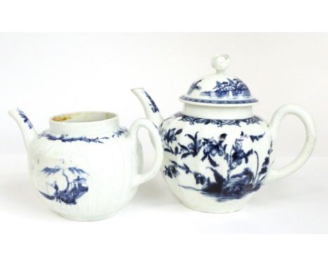 A First Period Worcester Porcelain Teapot, circa 1755, painted in underglaze blue with the Fisherman and Willow pattern on a 