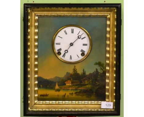 A Striking Picture Clock, circa 1880, ebonised frame, continental dial surround depicting boats on a lake, 4-1/2-inch enamel 