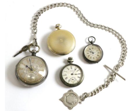 A Silver Pocket Watch, silvered dial with Roman numerals, seconds dial, London hallmark 1868, with a curb linked silver chain