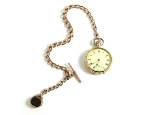 A Gold Plated Open Faced Pocket Watch, circa 1920, lever movement, enamel dial with Roman numerals, seconds dial, maker's mar