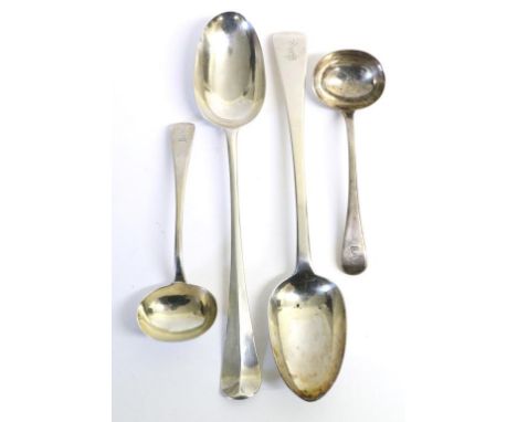 ^ A George II Silver Hanoverian Pattern Basting Spoon, John Gorham, London date letter indistinct circa 1730/40, crest engrav