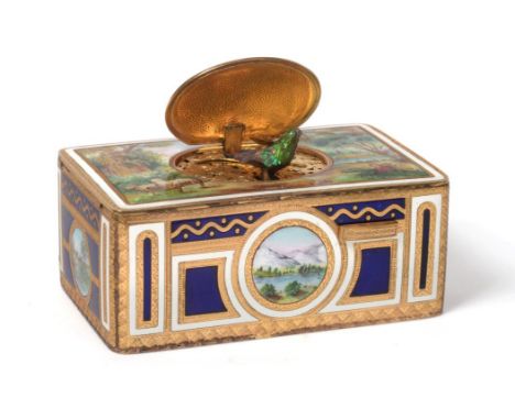 A Gilt-Metal and Enamel Singing Bird Box, attributed to Karl Griesbaum, early 20th century, rectangular with rounded corners,