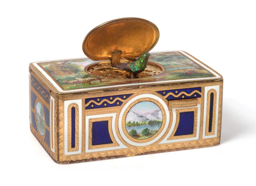 A Gilt-Metal and Enamel Singing Bird Box, attributed to Karl Griesbaum ...