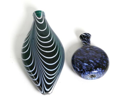 A Nailsea Type Green and White Striated Glass Flask, 19th century, of navette form, 19.5cm high; and A Similar Mottled Blue a