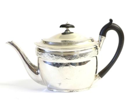 ^ A George III Silver Teapot, John Emes, London 1800, oval, with engraved borders, crest engraved within a wreath surround, 1