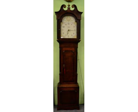 An Oak Thirty Hour Longcase Clock, signed Mawkes, Derby, circa 1810, swan neck pediment, trunk door with mahogany crossbandin