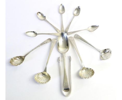 ^ A Group of George III Silver Flatware, comprising: a pair of bright engraved sauce ladles with scallop bowls, George Smith,
