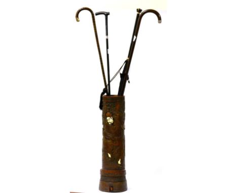 A Gilt Metal Mounted Lady's Parasol, circa 1900, with coronet pommel, 89cm; An Ebonised Walking Stick, with silver collar, Bi