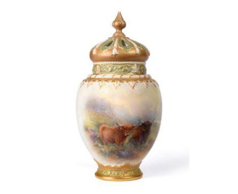 A Royal Worcester Porcelain Pot Pourri Jar and Cover, 1919, painted by Harry Stinton with highland cattle in a misty landscap