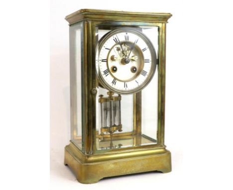 A Brass Four Glass Striking Mantel Clock, circa 1890, enamel Roman numeral dial with a recessed visible Brocot escapement, tw