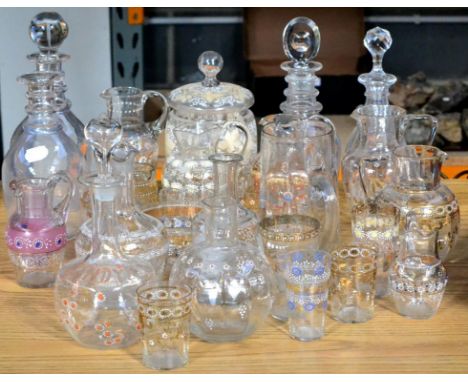 ~ Four Various 19th Century Decanters and Three Matched Stoppers; A Set of Three Glass Surtout de Table Flower Troughs; and A