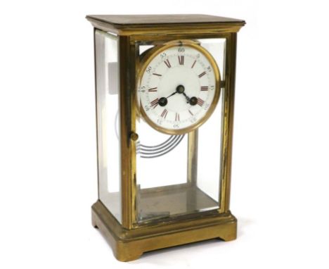 A Brass Four Glass Striking Mantel Clock, circa 1890, enamel dial with Roman and Arabic numerals, twin barrel movement striki