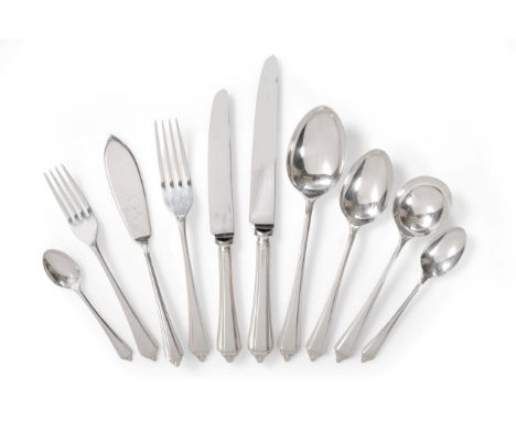 A Modern Silver Table Service of Flatware, Argentum Ltd, Sheffield 1989, in an Art Deco style pattern, eight place settings, 