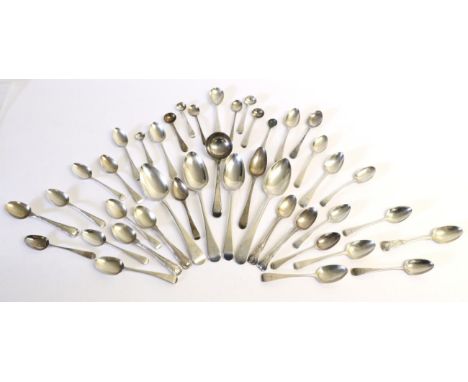 ^ A Quantity of George III and Later Mostly Old English Pattern Silver Spoons, including four table spoons; a sauce ladle; ma
