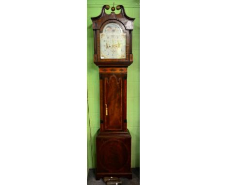 A Mahogany Eight Day Longcase Clock signed Harper, Nottingham, 1810, swan neck pediment, inlaid crossbanded arched trunk door