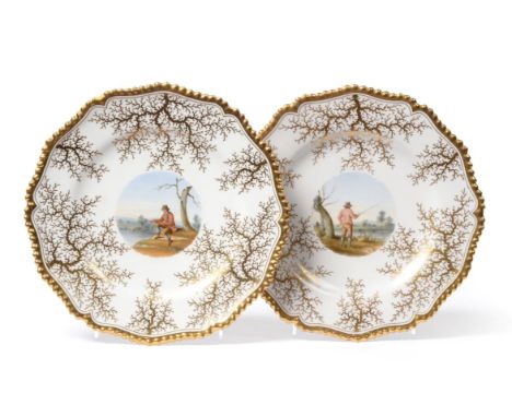 A Pair of Flight Barr & Barr Worcester Porcelain Plates, circa 1820, painted with vignettes of fishermen in landscape within 