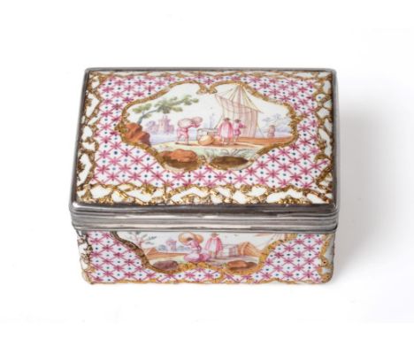 A Continental Silver Mounted Enamel Snuff Box, the mounts with rubbed maker's mark, Paris, date letter P probably 1778/79, re