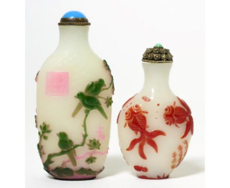 A Chinese Overlay Glass Snuff Bottle, Qianlong reign mark, of flattened baluster form decorated in green and pink with birds 