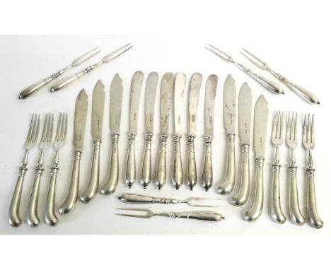 ^ Six Pairs of Silver Fish Knives and Forks, with pistol handles, Reid & Sons, Sheffield 1927; and Six Pairs of Victorian Sil