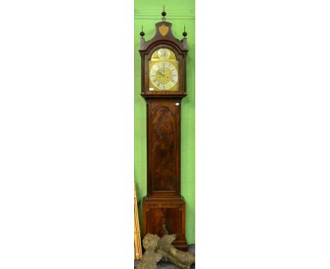 A Mahogany Eight Day Longcase Clock, pagoda pediment, arched trunk door, arched brass dial with silvered chapter ring, second